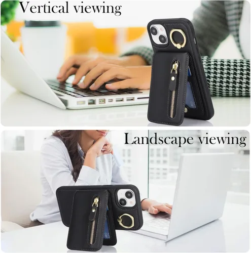 Vista 4 de para iPhone 14 Funda con soporte magnético Magsafe compatible, llavero de cuero PU plegable con soporte desmontable, funda tipo cartera 2-en-1