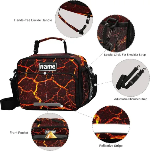 Vista 3 de La bolsa de almuerzo personalizada del volcán del fuego de la lava personalizó su nombre las bolsas de asas del almuerzo aisladas