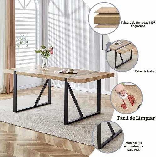 Vista 3 de Juego de mesa de comedor para 6, mesa de madera de 180 cm y juego de 6 sillas, adecuado para comedor, cocina, sala de estar