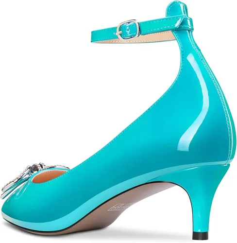 Vista 3 de HDEUOLM Zapatos de tacón de aguja para mujer, tacón medio puntiagudo, correa de tobillo, nudo de lazo, para fiesta, lindos tacones de 2.0 pulgadas