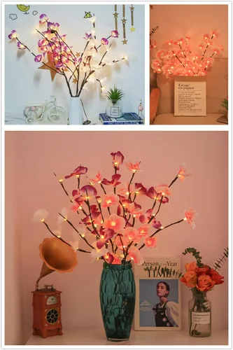 Vista 3 de Fantasee Luces de ramita de orquídea morada, 20 luces LED artificiales de rama Phalaenopsis alimentadas por pilas, luces de decoración de ramas