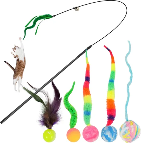 Vista 9 de SHENGSEN Juguete de varita de plumas para gatos, pelota inflable con cola para gatos, gusano mágico con juguete de bola grande y colorida