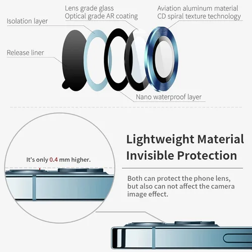 Vista 5 de LucBuy Protector de lente de cámara para iPhone 12 Pro Max, vidrio templado HD de alta calidad, aleación de aluminio, anillo individual, película