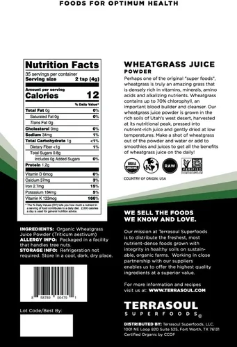 Vista 2 de Terrasoul Superfoods Jugo de hierba de trigo orgánico en polvo, 20 onzas - Cultivado en Estados Unidos