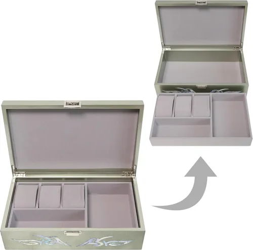 Vista 7 de MADDesign Mother of Pearl Caja de reloj, organizador de joyas, almacenamiento diario, diseño tribal de dragón (plata metálica)