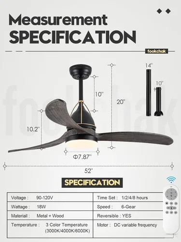 Vista 9 de Ventilador de techo de 52 pulgadas de madera gris sólida con luces, 3 aspas, ventilador de techo estilo granja, ventiladores negros para exteriores