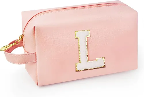 Vista 52 de Bolsa de maquillaje personalizada con inicial con asa, bolsa de cosméticos de preparación con bolsillo interior con cremallera, 8, 9, 10, 11, 12 Rosa