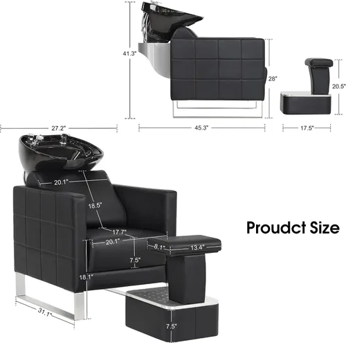 Vista 2 de BarberPub Juego de tazones y sillas de cerámica para champú para peluquería, estación de fregadero ajustable para lavado de cabello, estación