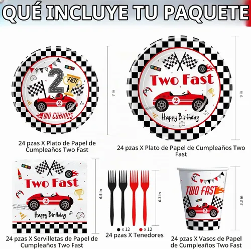 Vista 2 de Decoración de fiesta de cumpleaños de 2º cumpleaños de coche de carreras, vajilla para niños, decoración de cumpleaños de dos curiosos y dos