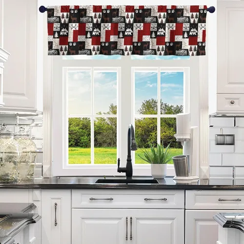 Vista 2 de Cortinas de cenefa de cabaña estilo retro, color negro y rojo, rayas de madera, cenefas de ventana para niños, adolescentes y adultos, oso salvaje