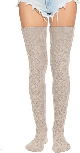 Vista 3 de HYTENSUN Calcetines altos de punto para mujer, calcetines altos gruesos por encima de la rodilla, calcetines de tubo de ganchillo, calentadores