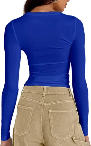 Vista 2 de Dwnval Camisetas básicas sexys para mujer, de verano, manga corta, cuello redondo, ajustadas, ombligueras