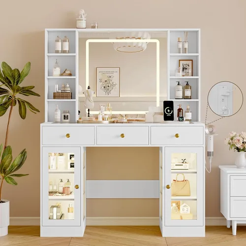Vista 21 de Escritorio de maquillaje con espejo y luces, tocador negro de 43 pulgadas con parte superior de cristal, almacenamiento de joyas, 3 cajones