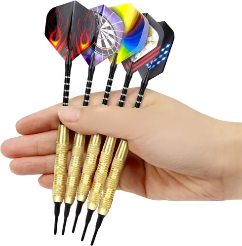 Vista 5 de Juego de dardos de punta suave, 12 dardos de punta de plástico de 0.63 oz con barriles de acero de latón y ejes de aluminio, 200 puntas de dardos