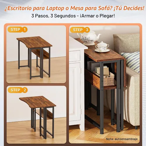 Vista 4 de Huuger Escritorio Plegable con Estante de Almacenamiento, Mesa de Computadora Plegable de 31.5 Pulgadas para Espacios Pequeños, Mesa de Sofá que