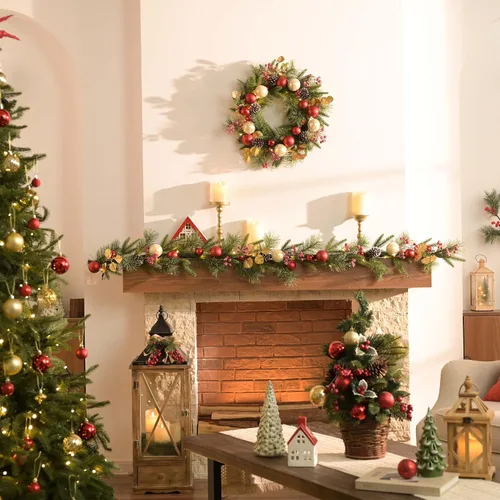 Vista 2 de Valery Madelyn - Guirnalda de Navidad de 1,8 m preiluminada con luces para manto, guirnalda navideña iluminada para exteriores con bolas rojas