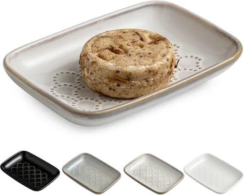 Vista 10 de Gomakren Jabonera para ducha, soporte de cerámica para jabón con diseño de panal, bandeja ahorradora de jabón para fregadero de cocina y baño, Beige