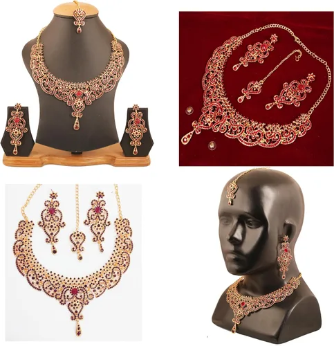 Vista 23 de Conjunto precioso de collar con look real Indian Bollywood, maravillosamente decorado, conjunto de collar adornado para mujer.