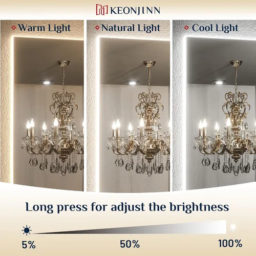 Vista 3 de Keonjinn - Espejo de 48x30 pulg retroiluminado LED para baño/tocador, luz de 3 colores ajustables blanca/cálida/natural, lúmenes altos, montaje