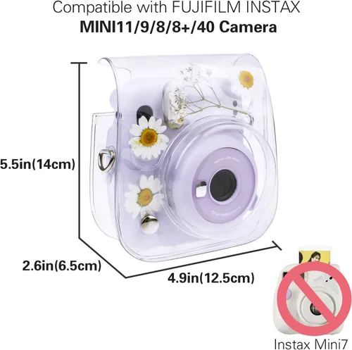 Vista 8 de Mini11 - Funda transparente para Instax Mini 11/9/8/8+/40 Cámara instantánea con flores secas de PVC con correa ajustable