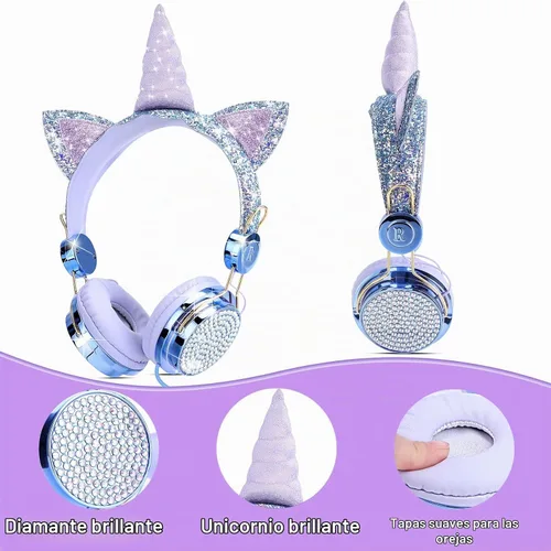 Vista 5 de TCJJ Unicorn - Auriculares con cable para niños con micrófono, conector de Azul