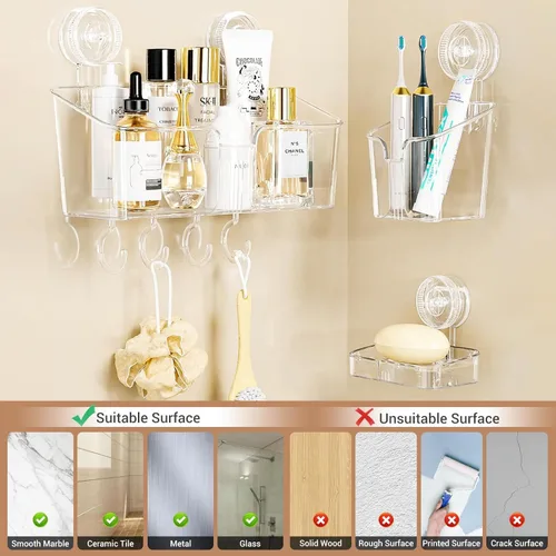 Vista 7 de LUXEAR Organizador de ducha con ventosa transparente – organizador de ducha + jabonera+soporte para cepillo de dientes – 1 segundo instalación sin
