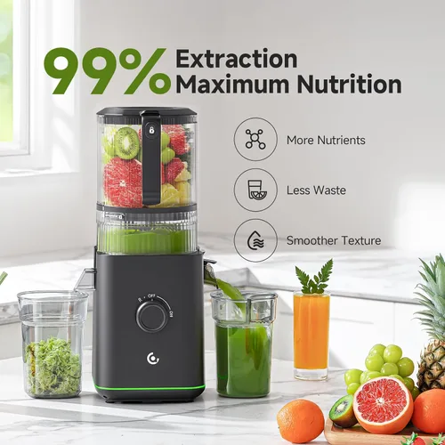 Vista 6 de Máquinas exprimidoras 3 en 1 de prensa en frío con canal de alimentación grande de 6.5 pulgadas para frutas y verduras enteras, gran capacidad