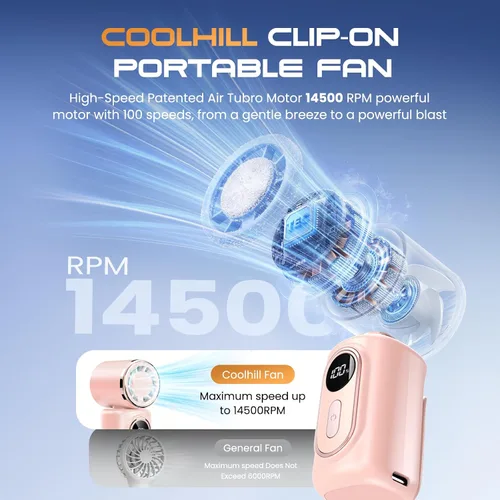 Vista 2 de Ventilador portátil de mano con clip mini ventilador 3000mAh 5 velocidades Rosa