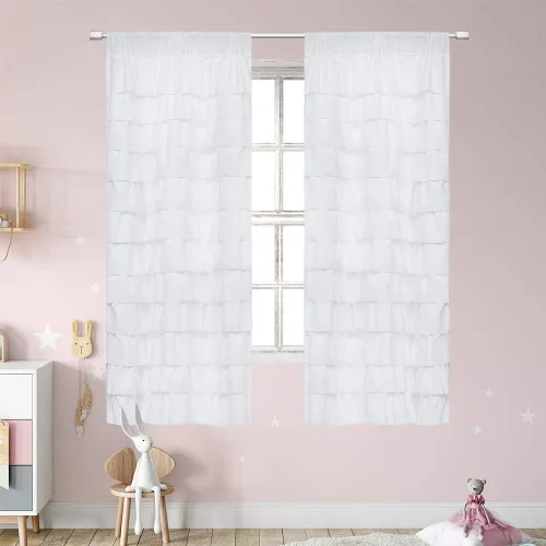 Vista 12 de Cortinas negras con volantes, 2 paneles, paneles de ventana con volantes de 12 capas, cortinas de estilo rústico para dormitorio, baño, bolsillo