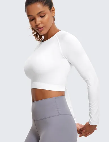 Vista 4 de CRZ YOGA Camisas de manga larga sin costuras para mujer, acanaladas, camisetas de entrenamiento atléticas, camisetas cortas para correr, gimnasio