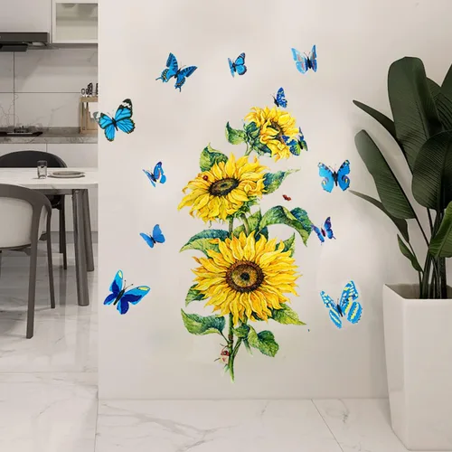 Vista 7 de Calcomanías de pared de girasol con mariposa 3D, calcomanías de pared de flores amarillas, SPRT impermeable y extraíble, calcomanías de pared