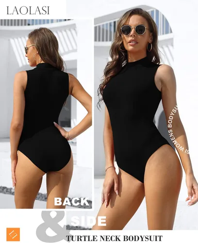 Vista 3 de LAOLASI Body de cuello alto y sin mangas para mujer, con cuello alto y corte entallado