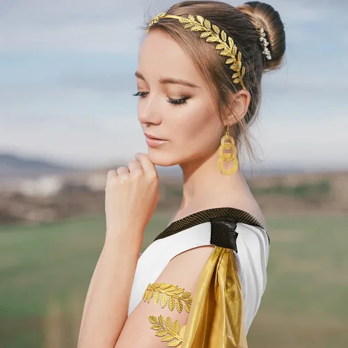 Vista 5 de 6 piezas de disfraz griego de Halloween, accesorio de Toga para mujer, corona de oro griego, diadema, pulsera, aretes