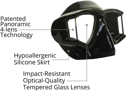 Vista 5 de EVO Hammerhead+ - Máscara de buceo panorámico de 4 lentes con válvula de purga, buceo libre, esnórquel, máscara de buceo para hombres y mujeres Negro