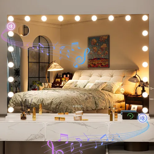 Vista 15 de Hasipu Espejo de tocador Hollywood de vidrio templado de 29 x 20.01 pulgadas con luces, altavoz Bluetooth, espejo de maquillaje con luces, 14