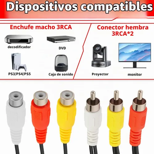 Vista 5 de Cable divisor RCA, 3 RCA macho macho a 6 RCA hembra Divisor de enchufe Audio Video Av Cable adaptador de video compuesto adaptador adaptador