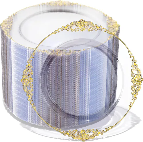 Vista 12 de Morejoy - 100 platos de plástico negro, platos desechables negros con borde dorado Black and Gold Plastic Plates, Modern swirl design Plates