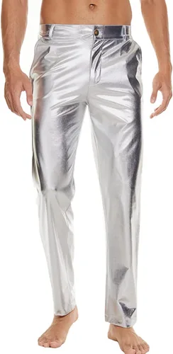 Vista 2 de Pantalones de discoteca metálicos brillantes para hombre, pantalones de fiesta de los años 70, pantalones de discoteca de pierna recta, disfraz