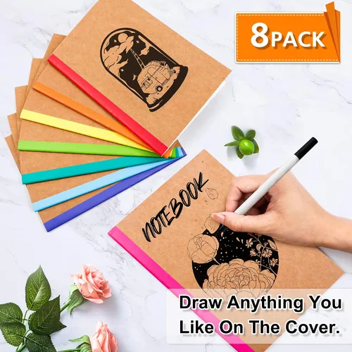 Vista 3 de feela Paquete de 8 cuadernos de composición al por mayor, cubierta de papel kraft rayado en blanco con rayas universitarias, diarios de viaje de 8