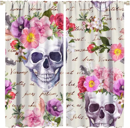 Vista 21 de Cortinas de cabeza de calavera, calavera blanca y rosas rojas con ramas y hojas negras, cortinas opacas decorativas para sala de estar, dormitorio