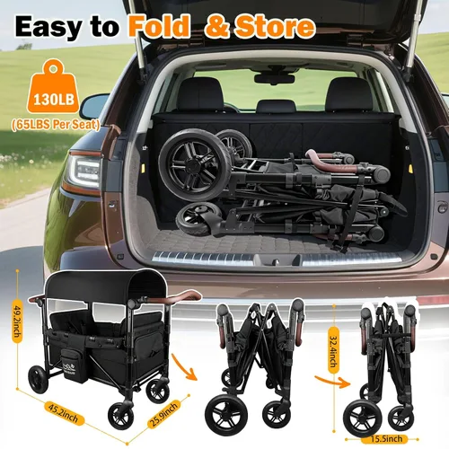 Vista 8 de Cochecito Vagón para 2 Niños, Cochecito Vagón Todo Terreno con Extensor Extra Largo, Vagón de Bebé Plegable de Aluminio con Asientos Convertibles