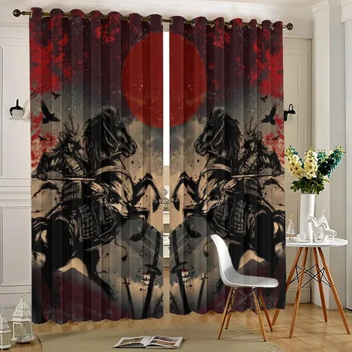 Vista 5 de Cortinas opacas abstractas japonesas samuráis para dormitorio, caballo samurái rústico, rojo, ojal, aislamiento térmico, cortinas de oscurecimiento