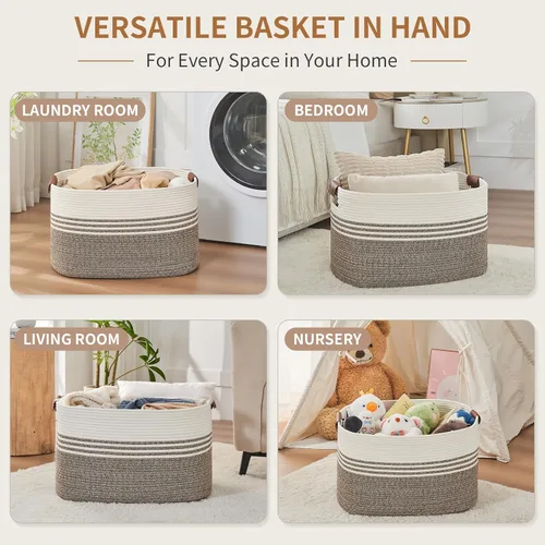Vista 12 de DOFASAYI Cesta de lavandería grande de 72 litros con asas de cuero, cesta de almacenamiento decorativa para mantas, cesta de ropa para sala