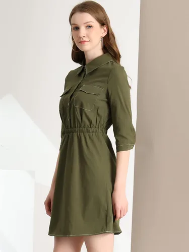 Vista 4 de Allegra K Vestido de manga 34 con cuello y cintura elástica para mujer, M