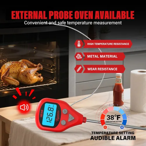 Vista 6 de AWLKIM Termómetro digital recargable para carne con sonda externa de 1m, alerta de advertencia, termómetro de alimentos de lectura instantánea