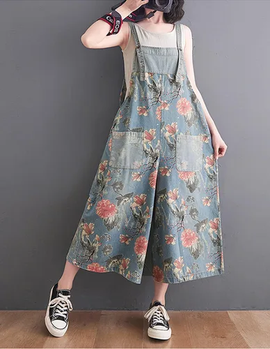 Vista 2 de Overol de mezclilla holgado con tirantes ajustables para mujer, estilo casual, pantalones de pierna ancha