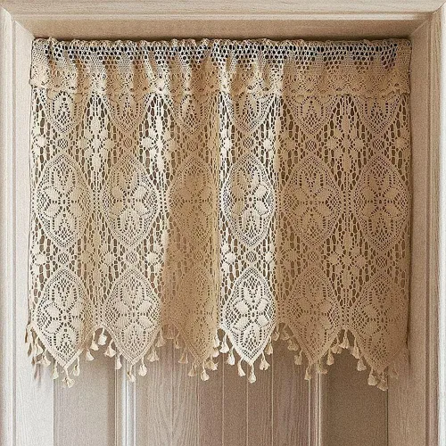 Vista 10 de Cenefa de cortina de ganchillo retro para ventana de cocina, cortinas bohemias para decoración de café, bolsillo para barra, cortinas cortas