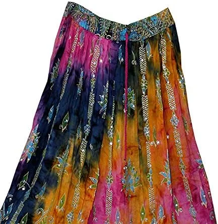 Vista 2 de Radhy krishna fashions - Falda larga para mujer, teñido anudado, para yoga, tendencia, lentejuelas arrugadas, color rojo multicolor, 36 pulgadas
