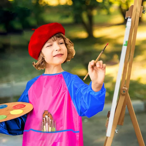 Vista 5 de NEBURORA 1 paquete de delantales de arte para niños impermeables con 3 bolsillos espaciosos, suministros de pintura para niños de 3 a 5 años