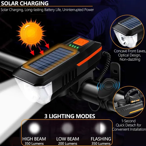 Vista 5 de Faro de bocina de bicicleta solar / USB de doble carga para bicicleta, luz de bocina de bicicleta de alto brillo, impermeable, luz de bocina